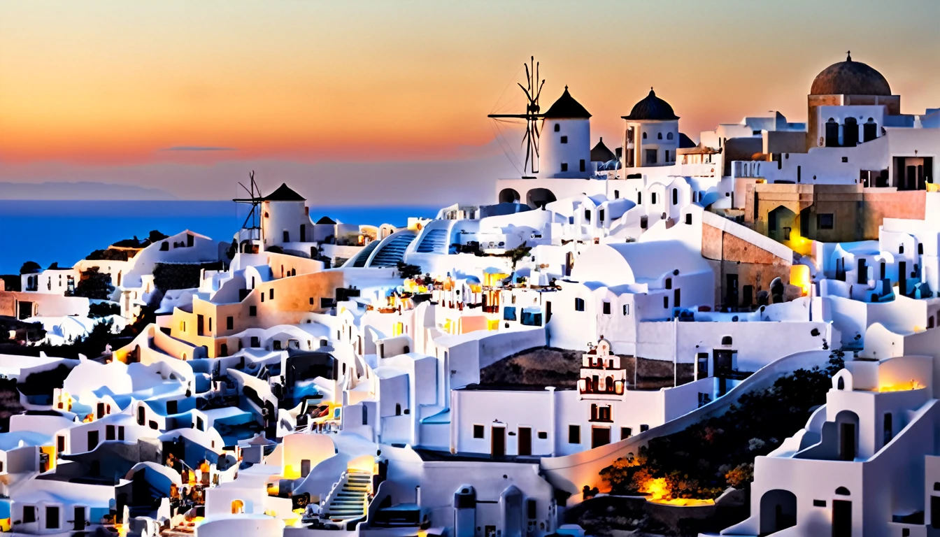 Santorini at sunset, Photography, inspired by Ansel Adams, a sweeping view of the white-washed buildings with blue domes cascading down the cliffs towards the shimmering Aegean Sea, bathed in golden hues of the setting sun, using a 35mm lens, the scene exudes a warm color temperature, capturing the serene expressions of a few scattered tourists in awe, with natural lighting enhancing the tranquil atmosphere.
