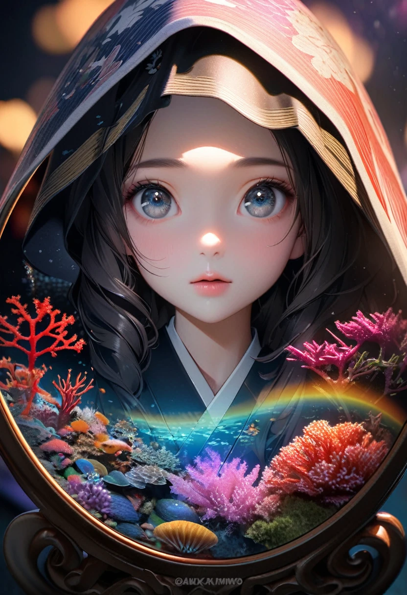 cute 3D Anime girl looking up fireworks, colorful vs cool breathtaking beauty embodying Micro photography of elaborate diorama made of Transparent glass, wearing kimono. black silky hair and black large Charming eyes, vibrant rainbow river, fireworks in night sky, colorful coral reefs, Ukiyo-e style, realistic hyper-detailed portraits, minimalist beauty, there is dark light around her head covering moonlit, highres, best shadow, intricate depth of field, Taking dramatic lighting sharp focus with Fujifilm XT3--s 600