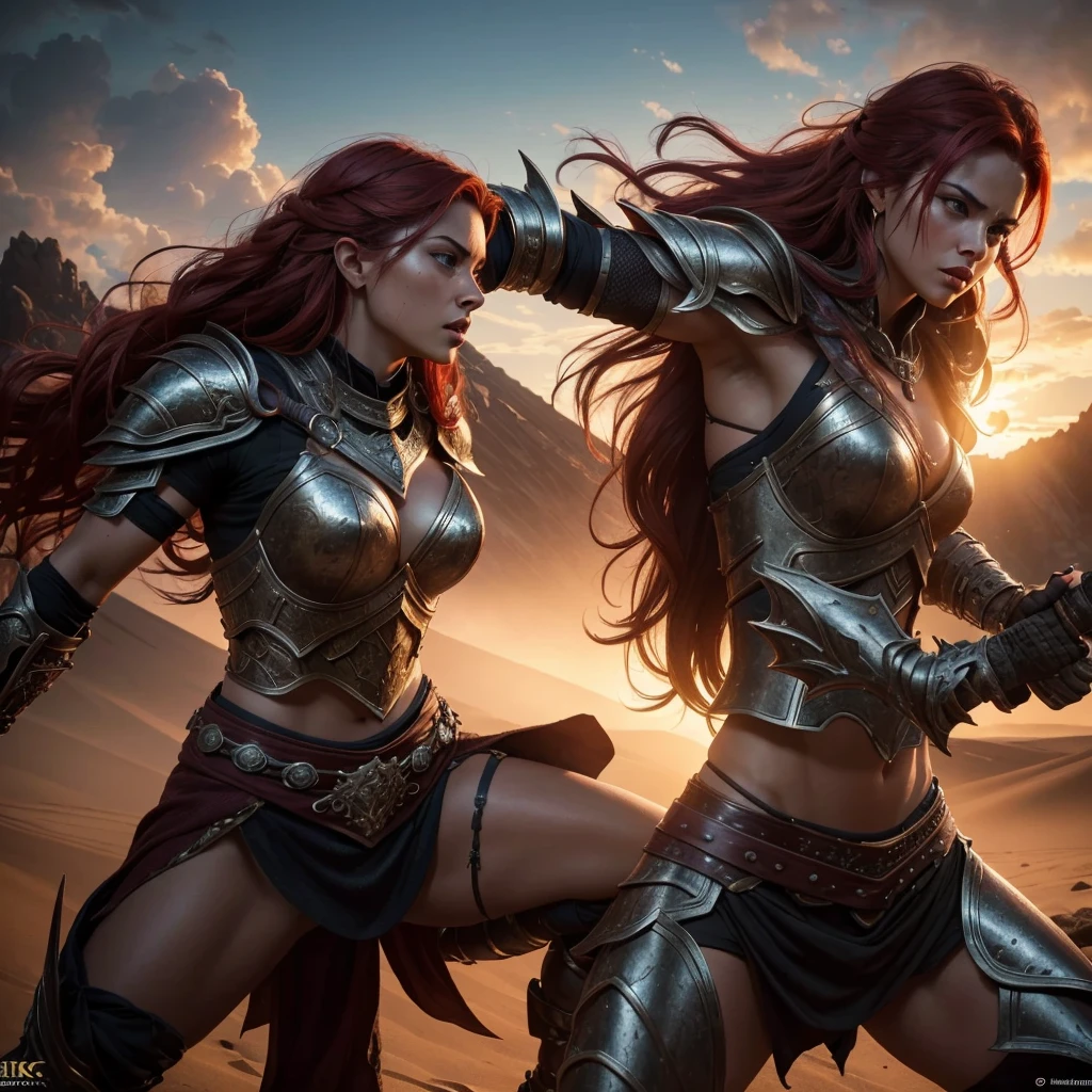 a fierce female warrior in a fantasy setting, intricate armor and weaponry, dramatic lighting, intense action pose, fiery red hair flowing, detailed facial features, muscular physique, desert or volcanic background, cinematic composition, (best quality,4k,8k,highres,masterpiece:1.2),ultra-detailed,(realistic,photorealistic,photo-realistic:1.37),digital painting,concept art,dramatic lighting,vibrant colors,intricate details