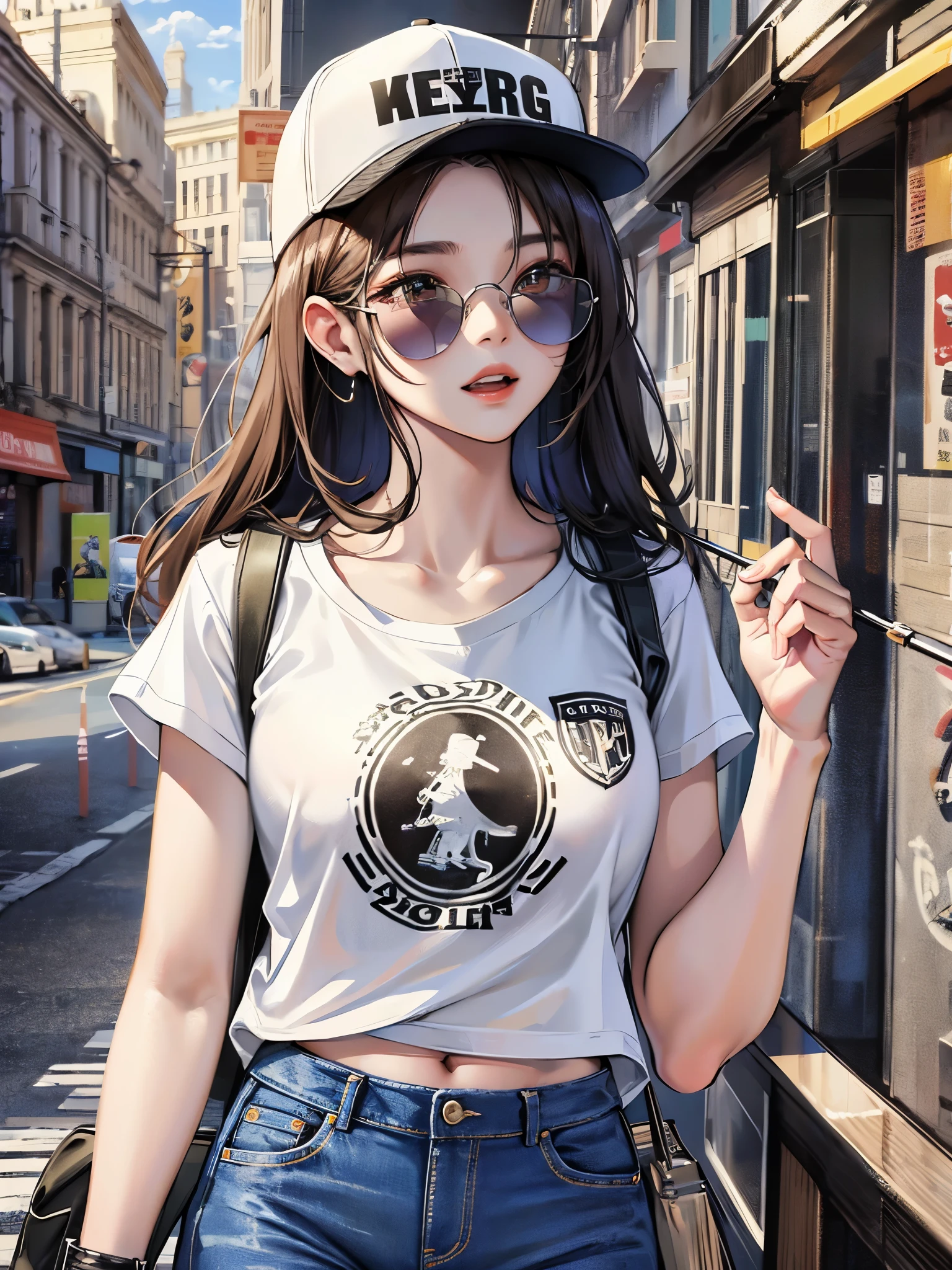 ((Highest quality)),(Ultra-high resolution),(Super detailed),(Detailed Description),((The best CG)),(masterpiece),Highly detailed art,(Art with precise details:1.5), (Woman wearing jeans and a white T-shirt:1.4),(Baseball Cap:1.3),(Clear Sunglasses:1.4)