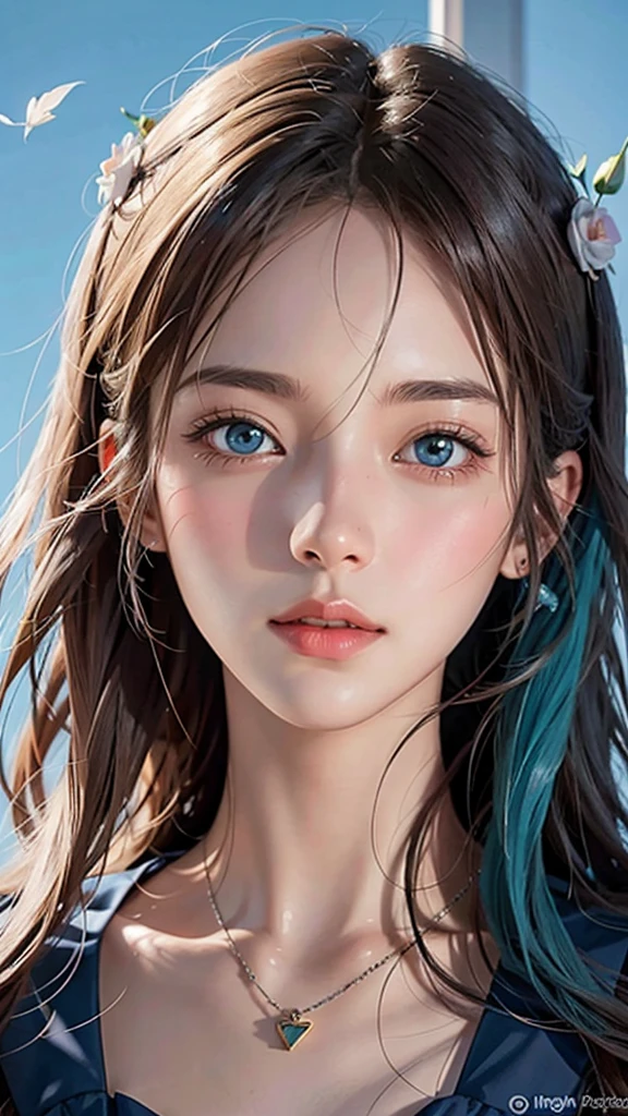 8k，anime girl with cyan blue eyes and a flower crown, detailed digital anime art, beautiful anime portrait, detailed portrait of anime girl, stunning anime face portrait, digital anime art, guweiz on artstation pixiv, guweiz on pixiv artstation, digital anime illustration, a beautiful artwork illustration, beautiful anime artwork, digital art on pixiv, beautiful anime art、close-up of a face