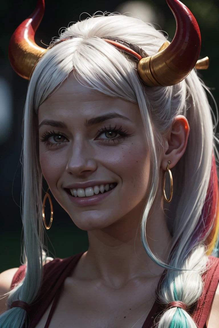 Best Quality, Masterpiece, 4k, absurd resolution, UHD, ultra detailed, detailed eyes, detailed skin, detailed hair, detailed face, (cara de evangeline lilly:Blake Lively), detailed fabric, (1 young beautiful girl, Alone:1.1), Yamato (One piece), (multicolor fur, wide, by white, aquamarine hair, two tone hair, High ponytail, hair stick, hair ornament), (big natural breasts:1.2), (side chest:1.2), (Shimenawa, Ropa japonesa con Shimenawa., rope, sleeveless kimono, bare arms, kimono, sleeveless, they, bare shoulders, also), (curly horns, red horns, multicolored horns), (happy smile:1.2), earrings, jewelry, (large eyes, Brown eyes), clavicle, cowboy shot, v shaped eyebrows, ((hourglass shape)), pose sexy, ((NSFW))