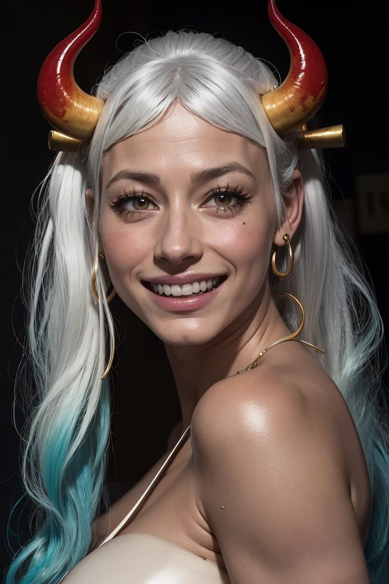 Best Quality, Masterpiece, 4k, absurd resolution, UHD, ultra detailed, detailed eyes, detailed skin, detailed hair, detailed face, (cara de evangeline lilly:Blake Lively), detailed fabric, (1 young beautiful girl, Alone:1.1), Yamato (One piece), (multicolor fur, wide, by white, aquamarine hair, two tone hair, High ponytail, hair stick, hair ornament), (big natural breasts:1.2), (side chest:1.2), (Shimenawa, Ropa japonesa con Shimenawa., rope, sleeveless kimono, bare arms, kimono, sleeveless, they, bare shoulders, also), (curly horns, red horns, multicolored horns), (happy smile:1.2), earrings, jewelry, (large eyes, Brown eyes), clavicle, cowboy shot, v shaped eyebrows, ((hourglass shape)), pose sexy, ((NSFW))