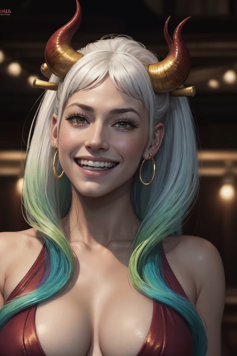 Best Quality, Masterpiece, 4k, absurd resolution, UHD, ultra detailed, detailed eyes, detailed skin, detailed hair, detailed face, (cara de evangeline lilly:Blake Lively), detailed fabric, (ung beautiful girl, Alone:1.1), Yamato (One piece), (multicolor fur, wide, by white, aquamarine hair, two tone hair, High ponytail, hair stick, hair ornament), (big natural breasts:1.2), (side chest:1.2), (Shimenawa, Ropa japonesa con Shimenawa., rope, sleeveless kimono, bare arms, kimono, sleeveless, they, bare shoulders, also), (curly horns, red horns, multicolored horns), (happy smile:1.2), earrings, jewelry, (large eyes, Brown eyes), clavicle, cowboy shot, v shaped eyebrows, ((hourglass shape)), pose sexy, ((NSFW))