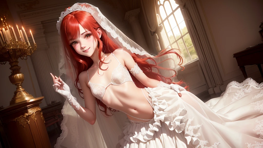 1boy, Feminine boy, femboy, cheeky smile, small wedding veil on head, long red hair, (flat chested:1.3), Full-length image, Boy in Full-length, flat chest, wedding gloves, correctly drawn fingers on the hand, skimpy wedding dress, deep neckline on the dress, boy dressed in a woman's wedding dress, slight mockery, lace, long eyelashes, bangs, cutout in the dress between the breasts, Lots of lace and embroidery, very erotic wedding dress, correctly drawn fingers, correct number of fingers