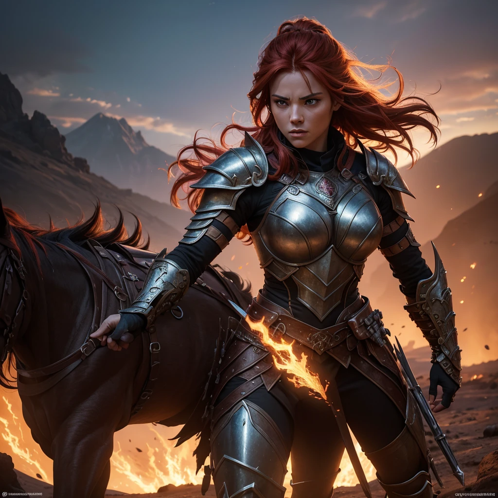 a fierce female warrior in a fantasy setting, intricate armor and weaponry, dramatic lighting, intense action pose, fiery red hair flowing, detailed facial features, muscular physique, desert or volcanic background, cinematic composition, (best quality,4k,8k,highres,masterpiece:1.2),ultra-detailed,(realistic,photorealistic,photo-realistic:1.37),digital painting,concept art,dramatic lighting,vibrant colors,intricate details