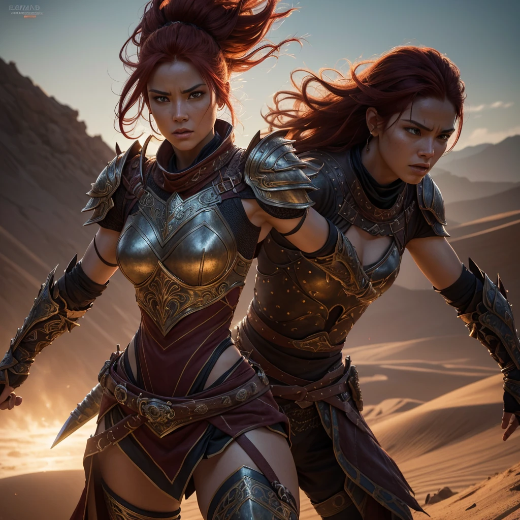 a fierce female warrior in a fantasy setting, intricate armor and weaponry, dramatic lighting, intense action pose, fiery red hair flowing, detailed facial features, muscular physique, desert or volcanic background, cinematic composition, (best quality,4k,8k,highres,masterpiece:1.2),ultra-detailed,(realistic,photorealistic,photo-realistic:1.37),digital painting,concept art,dramatic lighting,vibrant colors,intricate details