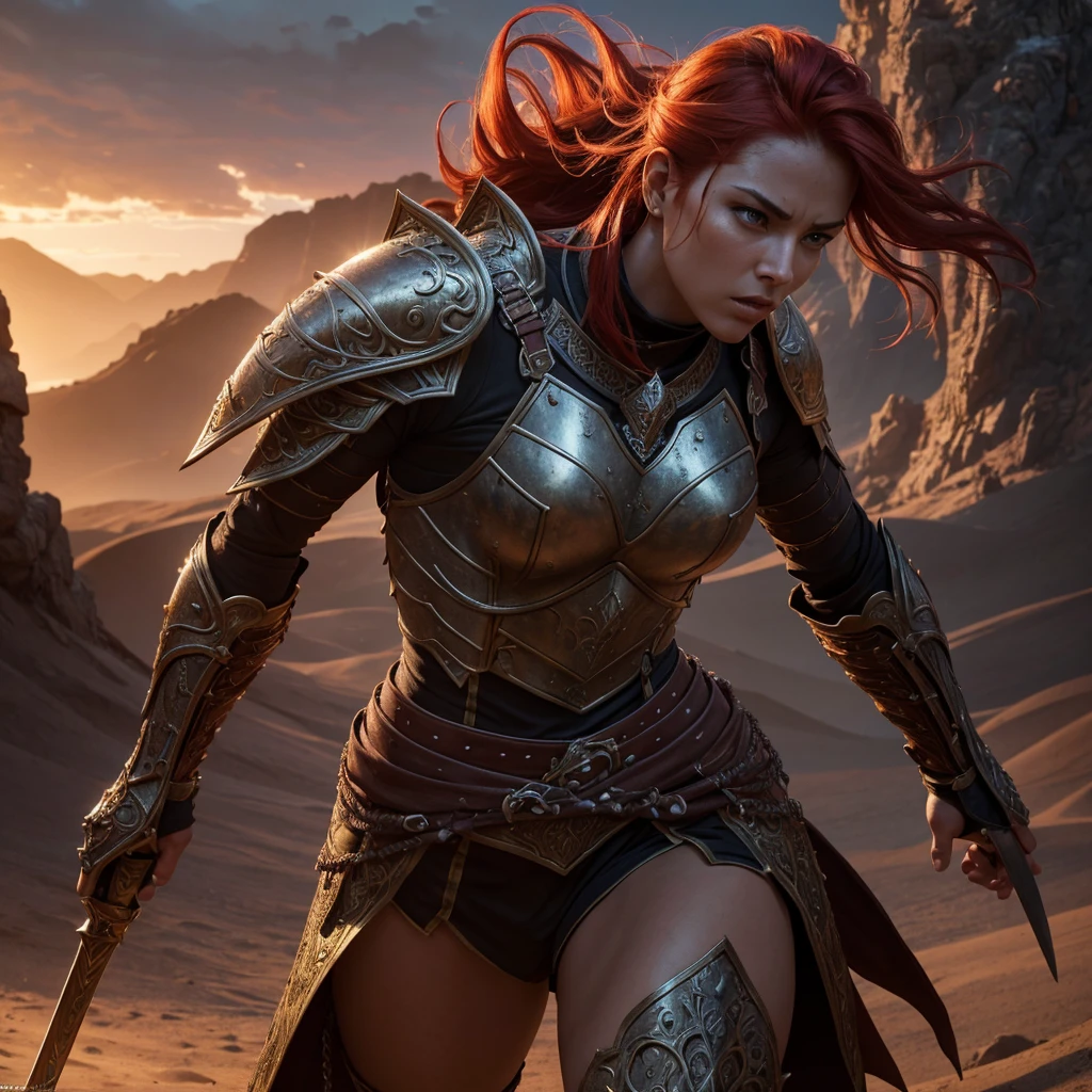 a fierce female warrior in a fantasy setting, intricate armor and weaponry, dramatic lighting, intense action pose, fiery red hair flowing, detailed facial features, muscular physique, desert or volcanic background, cinematic composition, (best quality,4k,8k,highres,masterpiece:1.2),ultra-detailed,(realistic,photorealistic,photo-realistic:1.37),digital painting,concept art,dramatic lighting,vibrant colors,intricate details