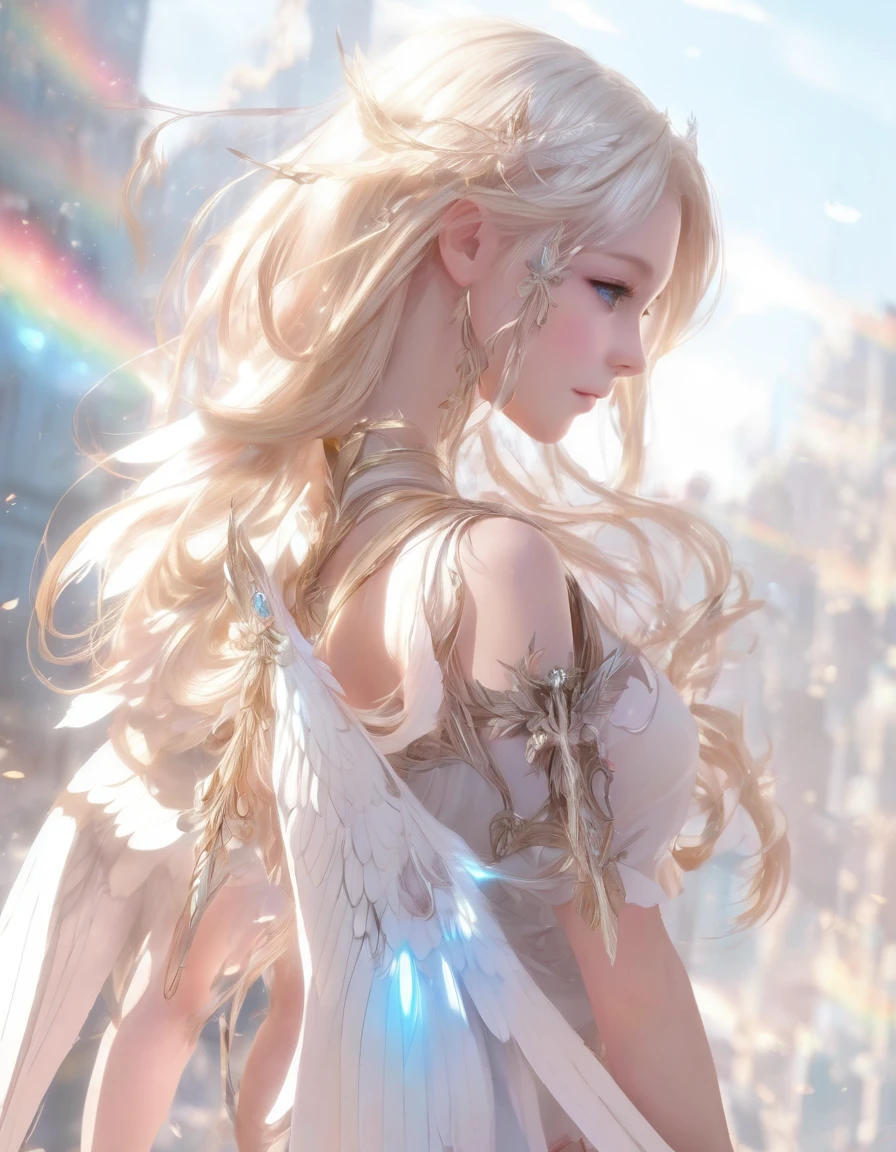 Beautiful female angel with long blonde hair and wings, Beautiful fantasy anime, Anime fantasy illustration, Detailed digital anime art, Anime fantasy artwork, 2. 5 d cgi Anime fantasy artwork