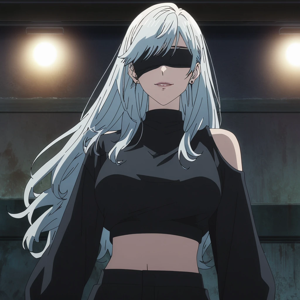 1girl, female gojo satoru, anime screencap from jujutsu kaisen, gojo satoru female version, solo, long_hair, ((wearing black blindfold)) ((White_hair, wavy hair)), night view, (hanging breasts) upper_body, smile, indoors, book, lips, (slightly straight hair) ((wearing black colour crop top full sleeves and black colour pant)) breast, "very detailed and high resolution" (black blindfold) ((shoulder length straight hair)) ((solo)) (((front view))) (earings) ((high resolution)) ((good quality)) ((swept bangs)) 
