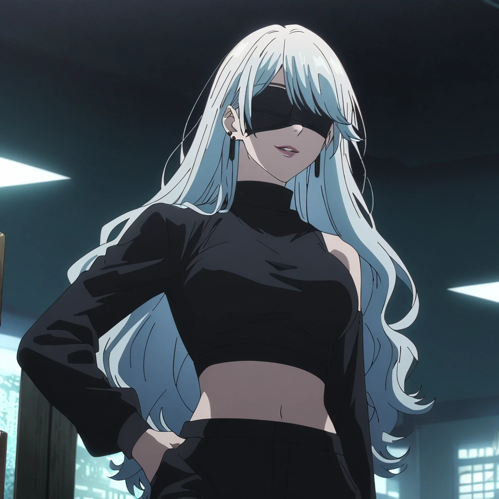 1girl, female gojo satoru, anime screencap from jujutsu kaisen, gojo satoru female version, solo, long_hair, ((wearing black blindfold)) ((White_hair, wavy hair)), night view, (hanging breasts) upper_body, smile, indoors, book, lips, (slightly straight hair) ((wearing black colour crop top full sleeves and black colour pant)) breast, "very detailed and high resolution" (black blindfold) ((shoulder length straight hair)) ((solo)) (((front view))) (earings) ((high resolution)) ((good quality)) ((swept bangs)) 