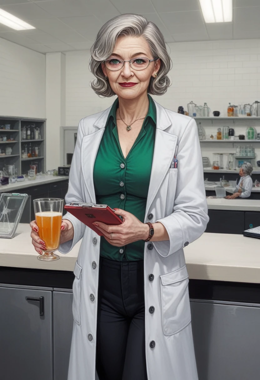 hyperrealistic art cinematic film still lower angle photography in the style of detailed hyperrealism photoshoot . (widehips) Extremely high-resolution details, photographic, realism pushed to extreme, fine texture, incredibly, elderly frail wrinkle woman, short gray hair, (lab coat with green blouse and black pants), in dark laboratory, holding a beaker proudly