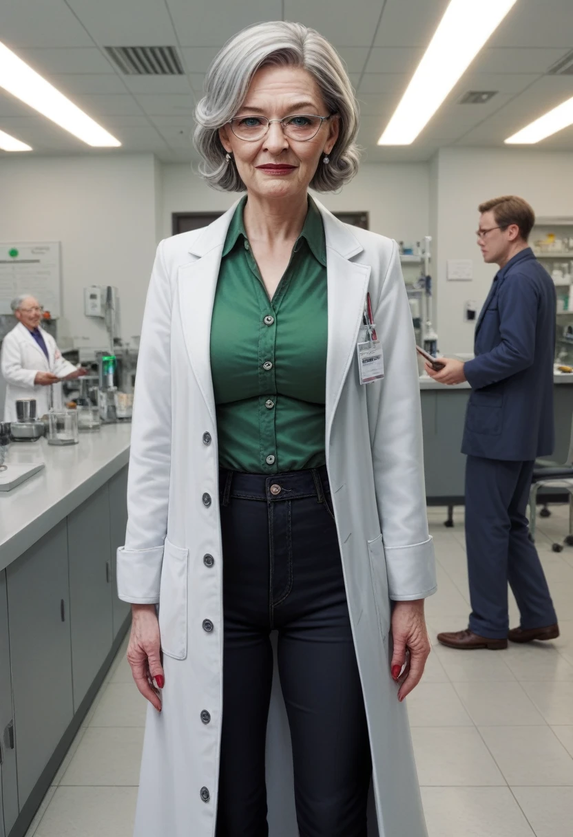hyperrealistic art cinematic film still lower angle photography in the style of detailed hyperrealism photoshoot . (widehips) Extremely high-resolution details, photographic, realism pushed to extreme, fine texture, incredibly, elderly frail wrinkle woman, short gray hair, (lab coat with green blouse and black pants), in dark laboratory, holding a beaker proudly