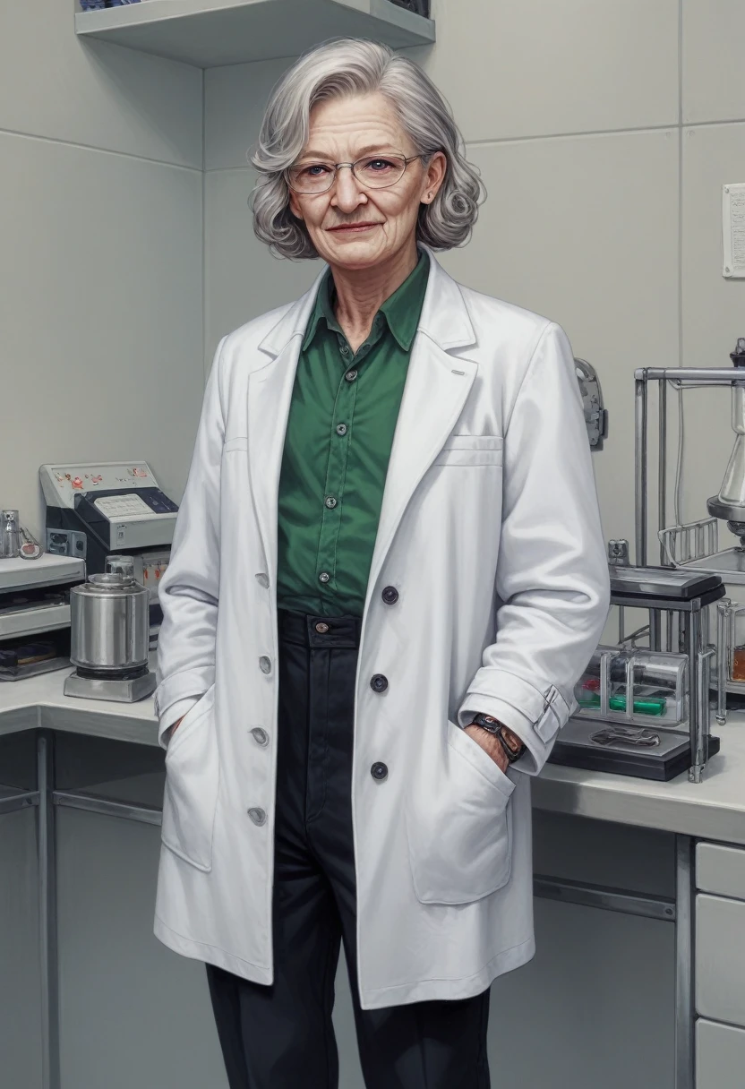 hyperrealistic art cinematic film still lower angle photography in the style of detailed hyperrealism photoshoot . (widehips) Extremely high-resolution details, photographic, realism pushed to extreme, fine texture, incredibly, elderly frail wrinkle woman, short gray hair, (lab coat with green blouse and black pants), in dark laboratory, holding a beaker proudly