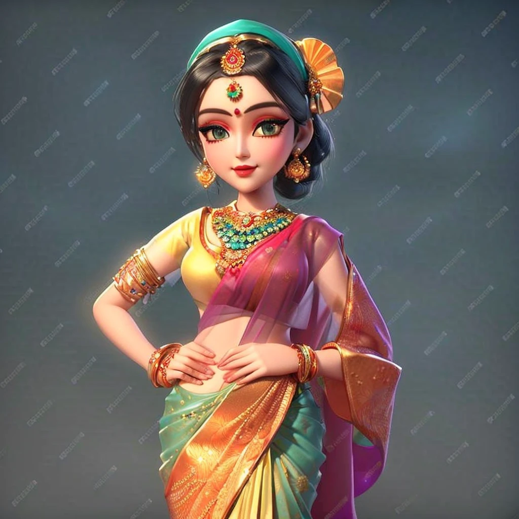 a cartoon girl in a sari and jewellery, beautiful character painting, indian goddess, dressed in a sari, 8k high quality detailed art, high quality character design, indian goddess of wealth, for hire 3d artist, inspired by T. K. Padmini, 3 d character art, traditional beauty, indian style, character painting, 3 d render stylized