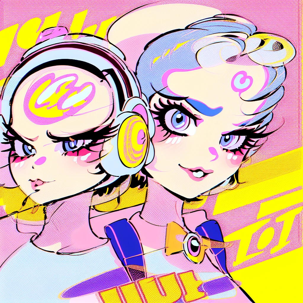 (masterpiece), Highest quality, One girl, Part your lips, Upper Body, bangs, Pastel background,Dreams are cute, Bodysuits,popart,Mixed Media,((Lichtenstein-style drawing)),(blue eyes,Wearing headphones)