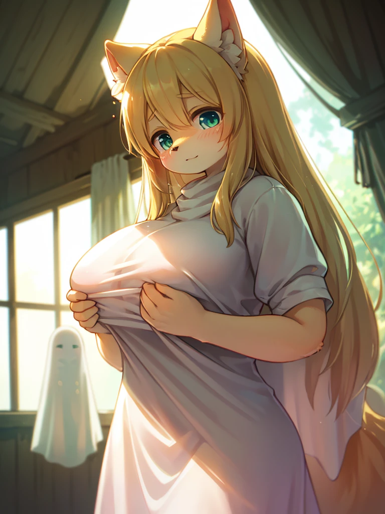 (Sumilux f1.4 75mm , low Latitude old color negative film , cross process , bokeh, flare, chromatic aberration , soft focus, (Shallow focus) , soft glow , Maximum aperture, High Key , Transparent depiction) , blond Mature female wolf , Voluptuous body , hide with hand , (freckles:0.7) , in the Abandoned house , (Spirit photography , sheet ghost:1.3) , (Holding two apart melons) , Tamponade , honey crack