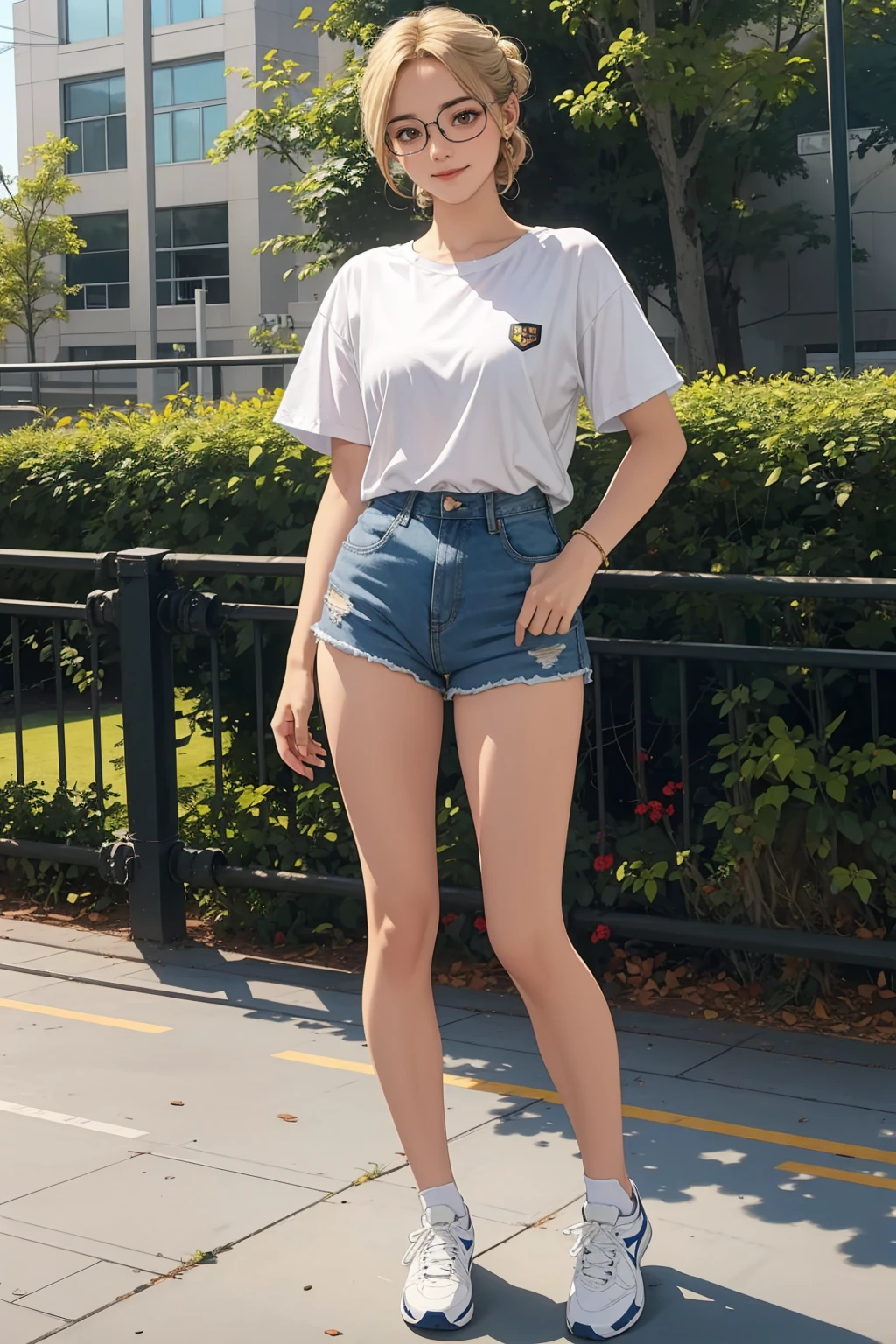 1girl, blonde updo hair, glasses, white loose shirt, high waist denim shorts, sport shoes, smiling, full body, park, (best quality,4k,8k,highres,masterpiece:1.2), 