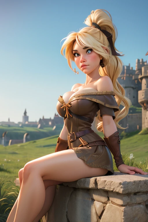 photorealistic,realistic, solo, photorealistic, best quality, ultra high res, 1girl,, sits , blonde hair in a ponytail, (big boobs), wearing a small short dress ( in Brown leather),off-shoulder,strapless, breeze blowing through the grass,, , 1girl, ((Middle Ages)), (((medieval fantasy))), ((viking)), beautiful, masterpiece, best quality, extremely detailed face, perfect lighting, 1girl, solo, (((sad))), , best quality, ultra high res, photorealistic,, ultra detailed,, masterpiece, best quality, , nancy1, large breasts, cleavage,