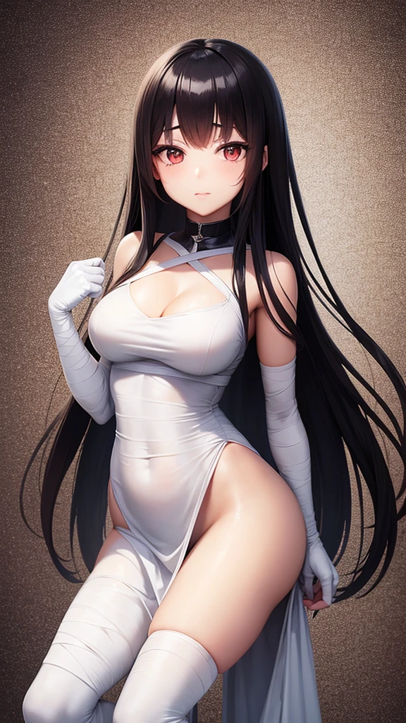 High quality, high quality, Japanese anime touch, one woman, sharp outline, long black hair, mummy cosplay with bandages,
Cute pose, facing this way,