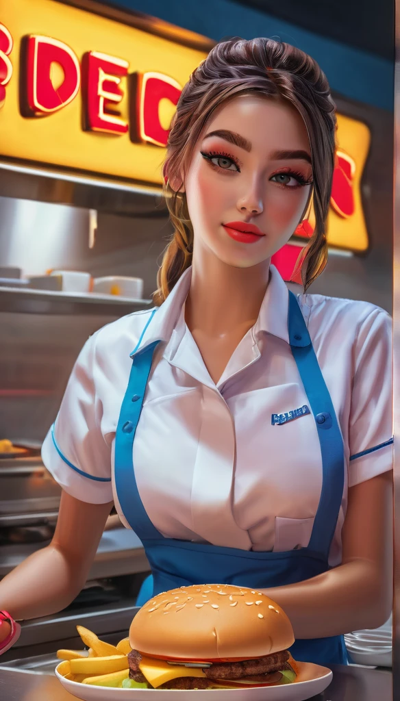 a sexy fast food worker in a fast food kitchen, beautiful detailed eyes, beautiful detailed lips, extremely detailed face and skin, tight fitting uniform, hands holding burger, greasy kitchen equipment, neon signs, bright lighting, cinematic lighting, vibrant colors, 4k, 8k, high quality, photorealistic, hyper detailed, professional photography, masterpiece