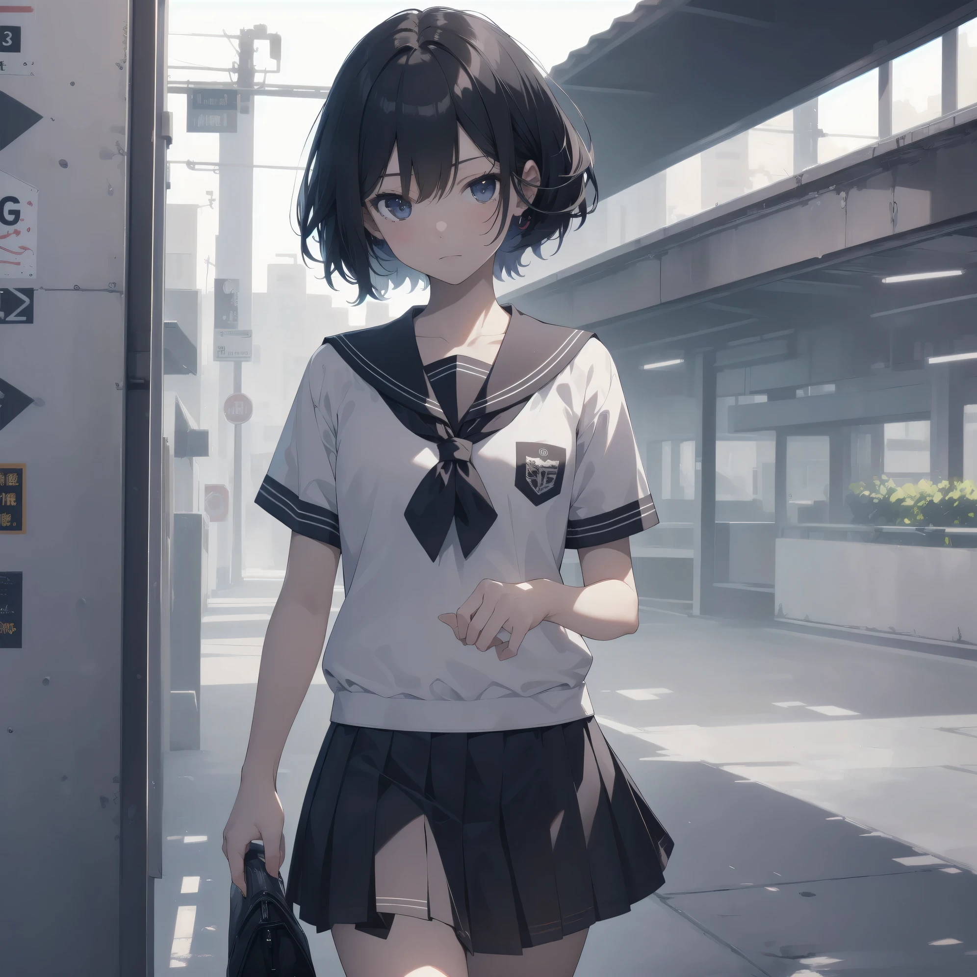 ultra-absurdres-Top quality by artist God, ultra-detailed, high resolution, anime moe artstyle, best anime 8k konachan wallpaper, pixiv contest winner, pool:2810, perfect anatomy,break, 1girl, (Please draw a girl walking sleepily to school alone. )break,(Solo,little female, 13-year-old:1.3),Full limbs, complete fingers,a junior high school student, (very short hair), short cut, flat chest, , small butt, small black eyes, beautiful detailed eyes, well-proportioned iris and pupils, expressive eyes, highres detailed hair, soft expression, salor school_uniform, sailor collar, serahuku, bow, pleated skirt,(Detailed Lighting), (Detailed background), in the School commute route. break,super detailed skin, Best cinematic lighting powered by famous artist, 8k,beauty illustration,photoshop_(medium),very aesthetic,break,((artist:tomose_shunsaku )), artist:clamp ,artist:carnelian ,artist:kantoku ,