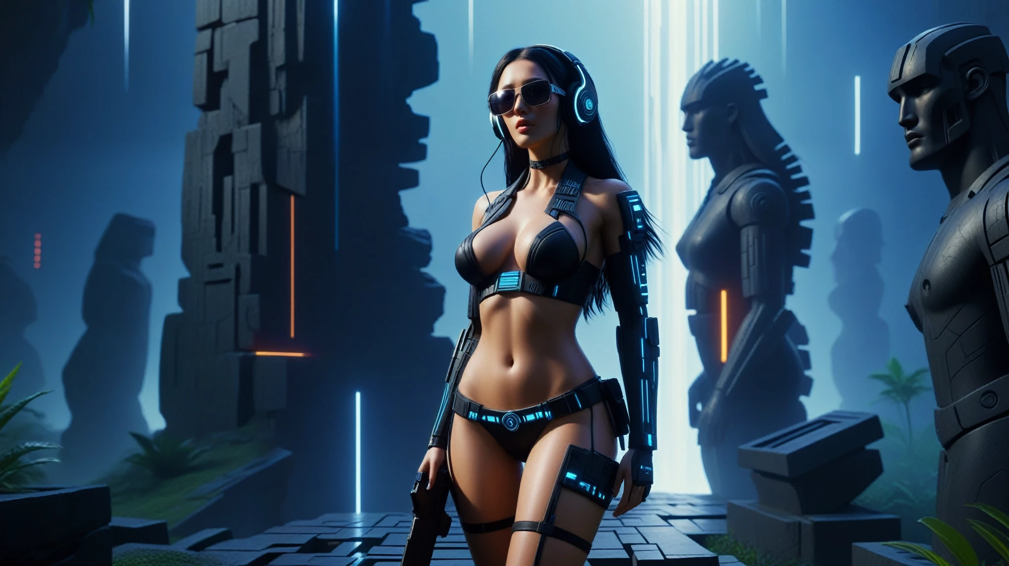 C7b3rp0nkStyle, dark night, prehistoric maze mysterial garden, moai statue, waterfall, cyberpunk, sci-fi, futuristic, tech. (((((1girl, solo, alone))))), medium-breast:1.1 slim body, cleavage, sexy clothes, (headphone, black sunglasses, long black realistic hair), (((hip-up standing and holding pistol))), half-body thigh level medium shot, cinematic lighting, lens flare, ray tracing.