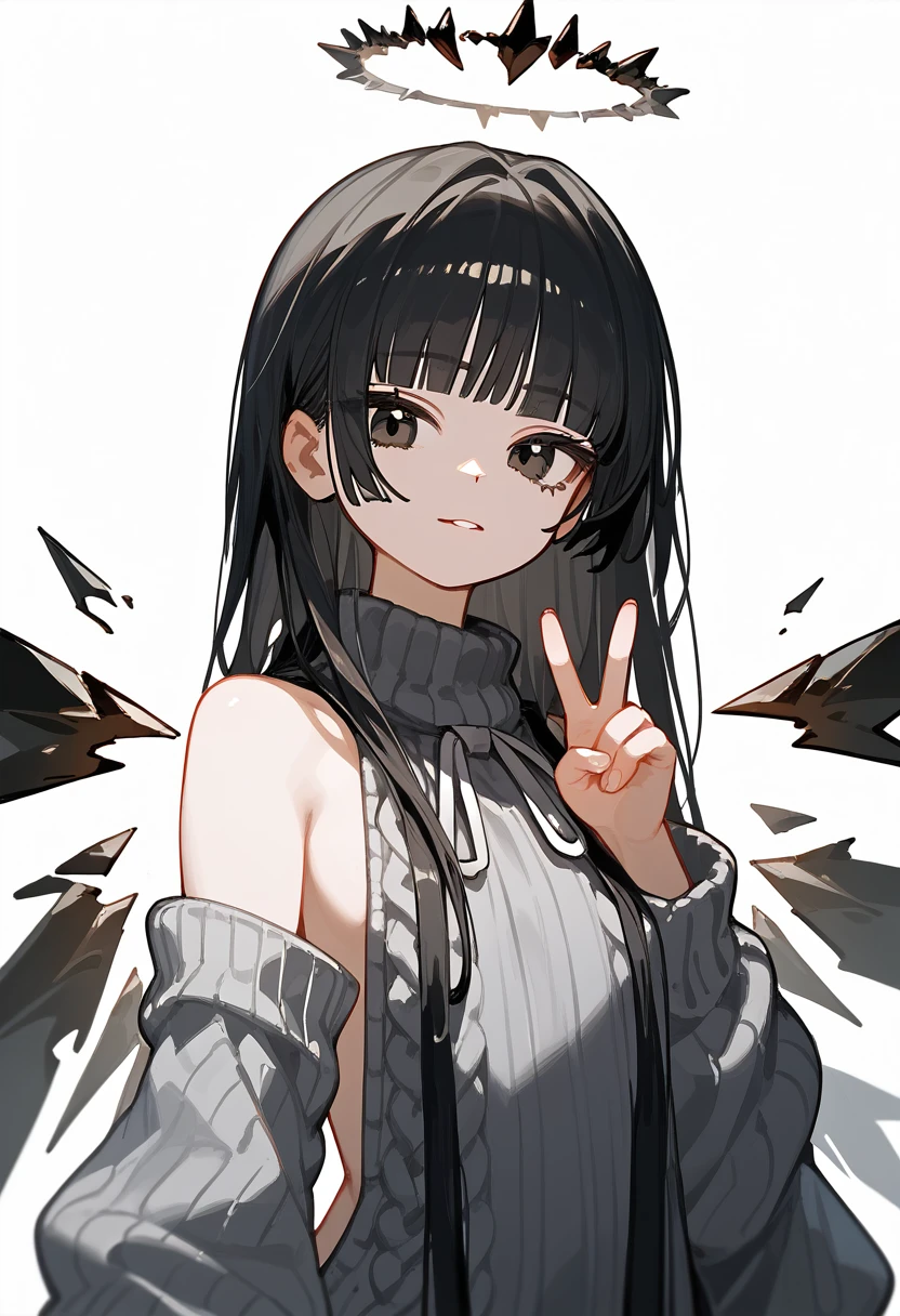 (check_9, check_8_up, check_7_up), 1 girl, cute young girl, black hair, Blunt bangs, long hair, broken halo, black eyes, a mole under the right eye, Alternative clothing, virgin killer sweater, cut off sleeves, gray sweater, Energy Wings, Looking at the viewer, upper body, decrease, , Peace of mind, portrait, White background,