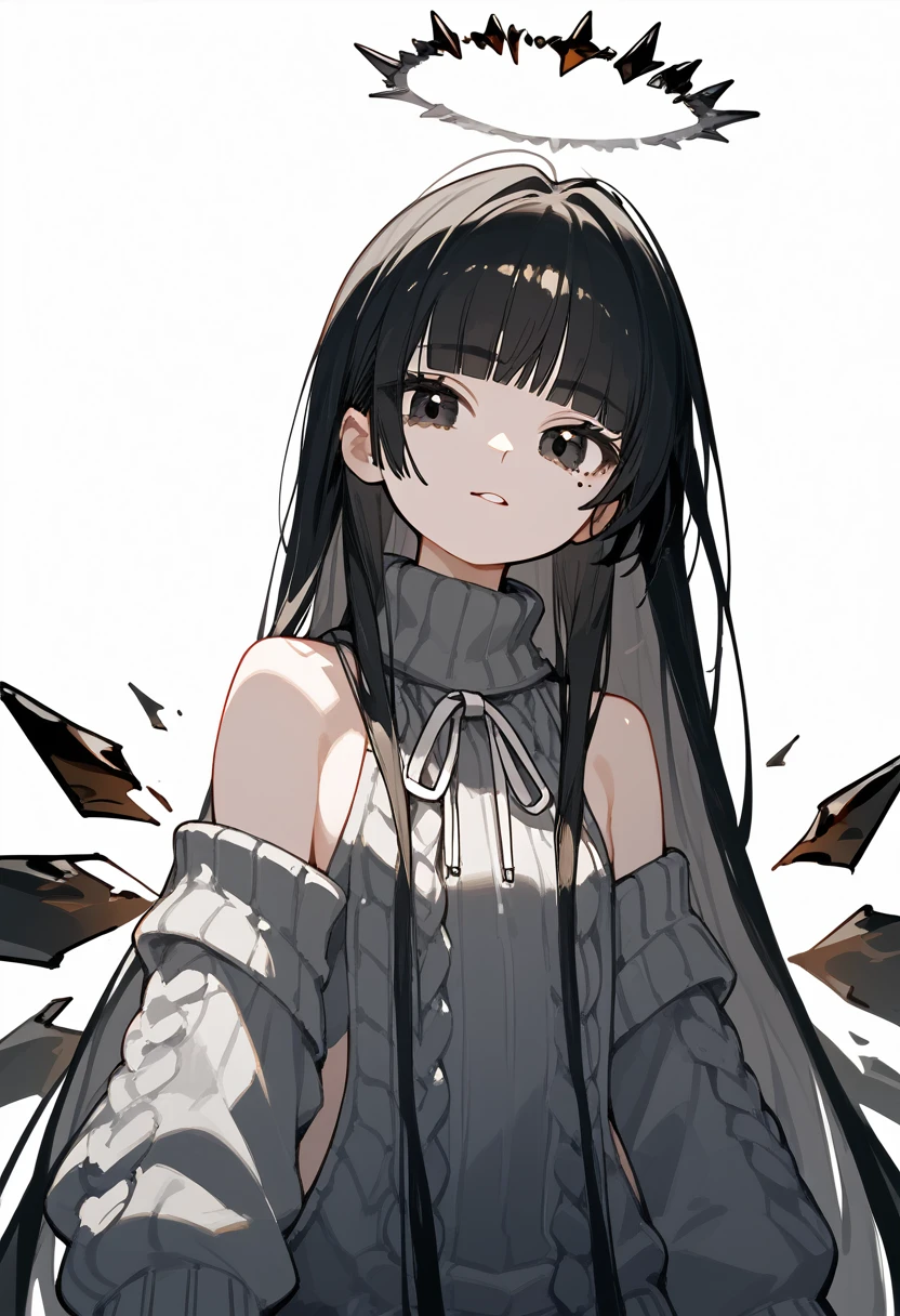 (check_9, check_8_up, check_7_up), 1 girl, cute young girl, black hair, Blunt bangs, long hair, broken halo, black eyes, a mole under the right eye, Alternative clothing, virgin killer sweater, cut off sleeves, gray sweater, Energy Wings, Looking at the viewer, upper body, decrease, , Peace of mind, portrait, White background,