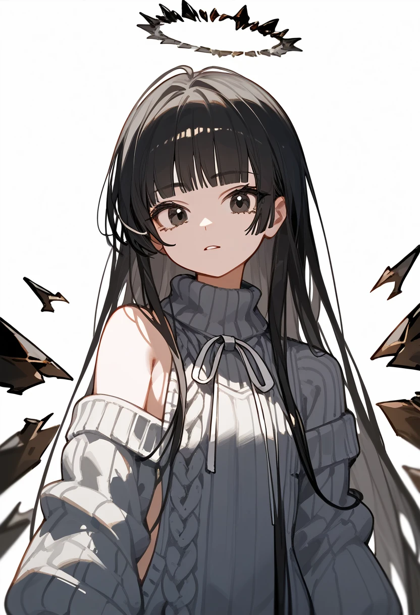 (check_9, check_8_up, check_7_up), 1 girl, cute young girl, black hair, Blunt bangs, long hair, broken halo, black eyes, a mole under the right eye, Alternative clothing, virgin killer sweater, cut off sleeves, gray sweater, Energy Wings, Looking at the viewer, upper body, decrease, , Peace of mind, portrait, White background,