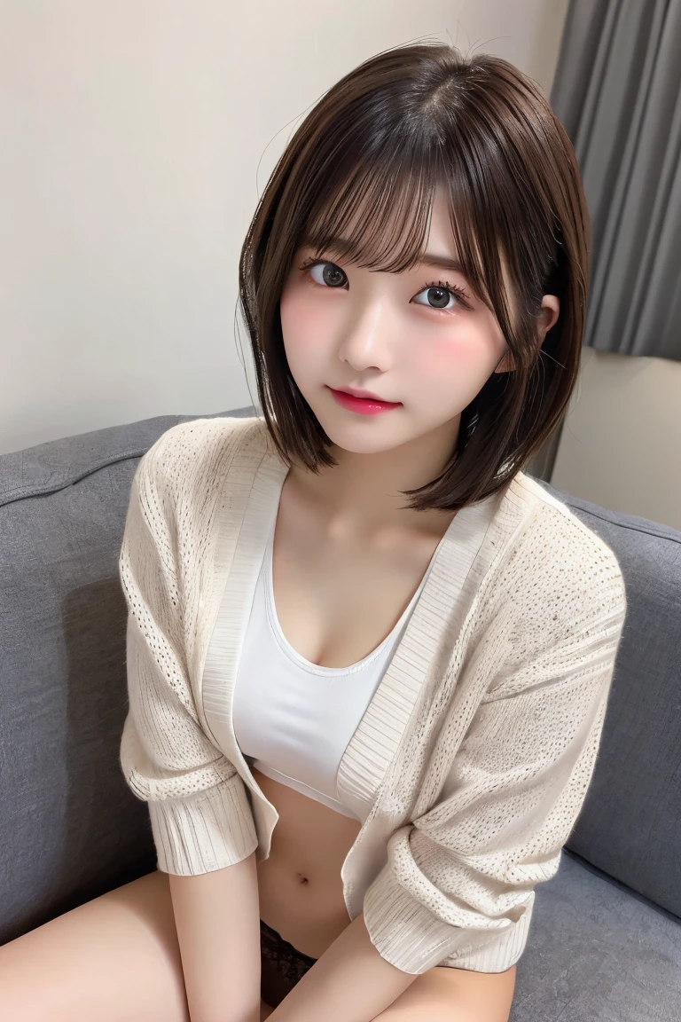 Highest quality、(beautiful)、Precision Eyes、Fine skin、Brown eyes、22-year-old female、Brown Hair、looking at the camera、Gal、Semi-short hair、Lace Cardigan、Sit on the sofa、Lips without makeup、Flashy underwear、Embarrassed