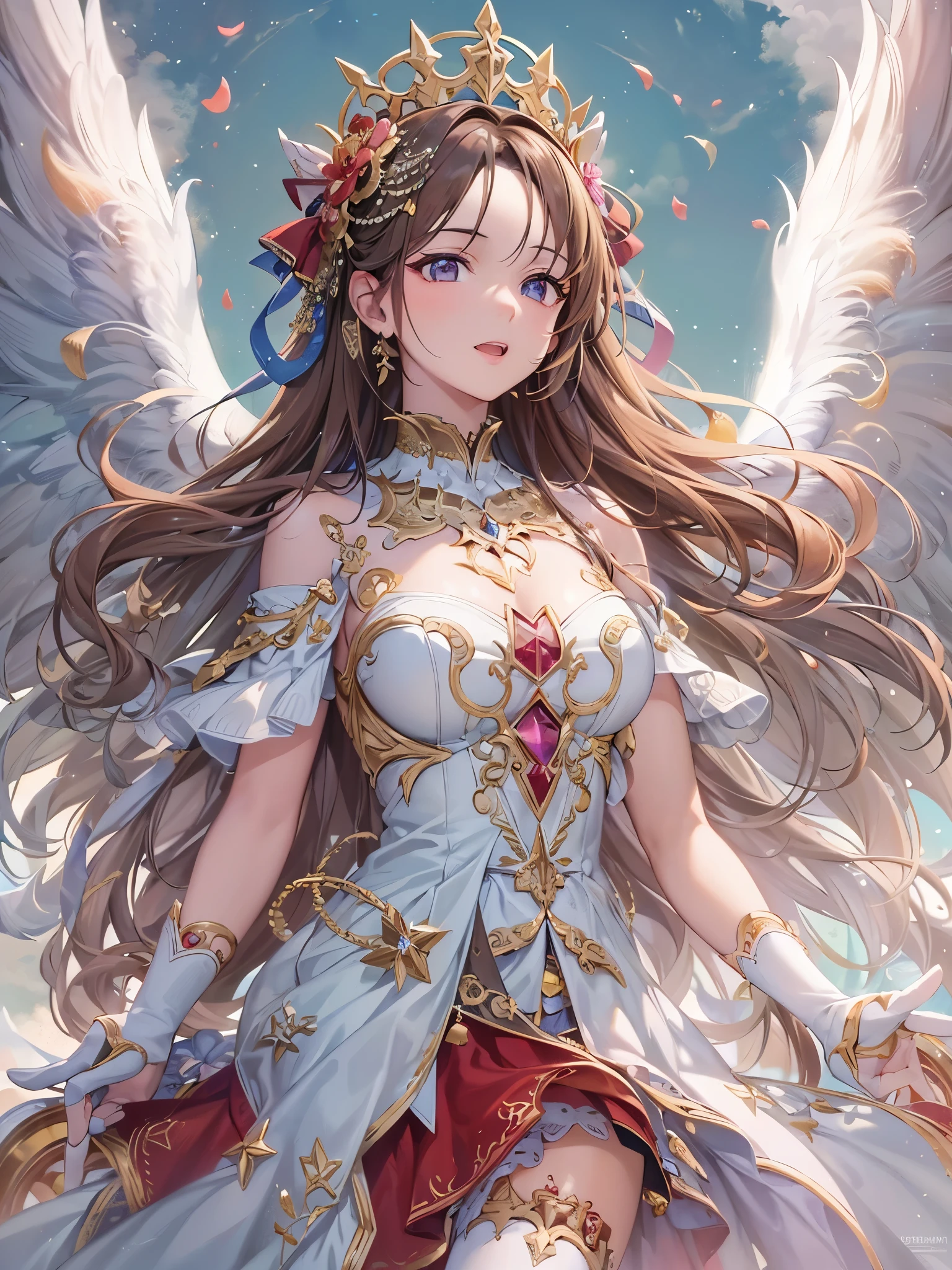 ((Highest quality)),(Ultra-high resolution),(Super detailed),(Detailed Description),((The best CG)),(masterpiece),Highly detailed art,(Art with precise details:1.5), The crimson sky, Shining Star, Angel Wings, like, yonder, dream,