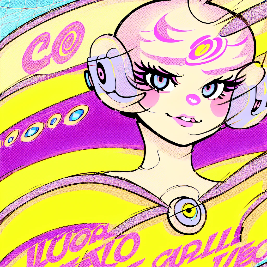 (masterpiece), Highest quality, One girl, Part your lips, Upper Body, bangs, Pastel background,Dreams are cute, Bodysuits,popart,Mixed Media,((Lichtenstein-style drawing)),(blue eyes,Wearing headphones)