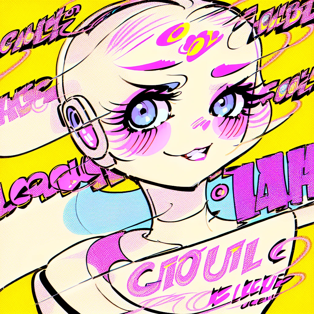 (masterpiece), Highest quality, One girl, Part your lips, Upper Body, bangs, Pastel background,Dreams are cute, Bodysuits,popart,Mixed Media,((Lichtenstein-style drawing)),(blue eyes,Wearing headphones)
