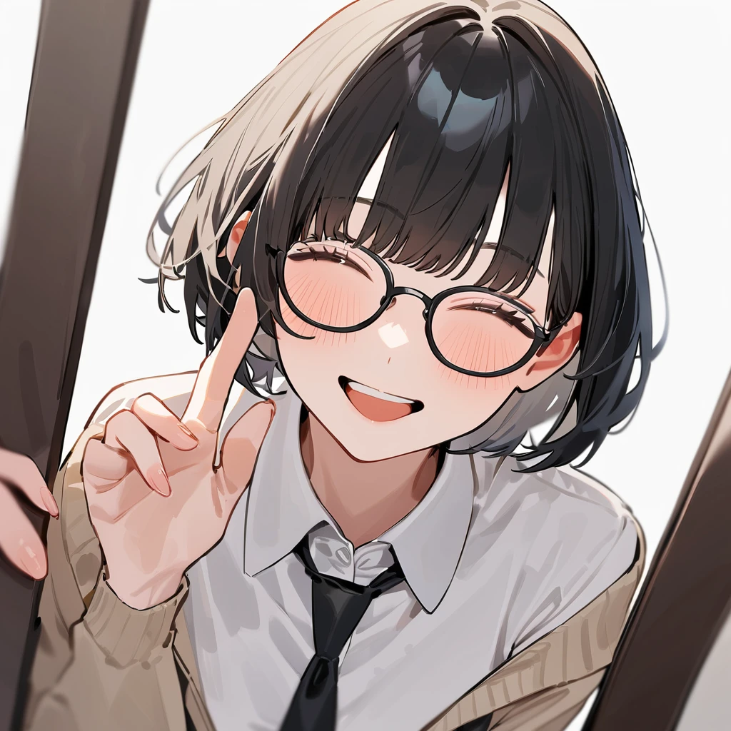 masterpiece, Highest quality, so beautiful, Absurd,
One girl, alone, Black Hair, Bobcut,
Thermont 16A, Glasses, 
Collared shirt, Happy, smile, Sticking out tongue、View your viewers, Glassesの調整, White Background, Simple Background,
 