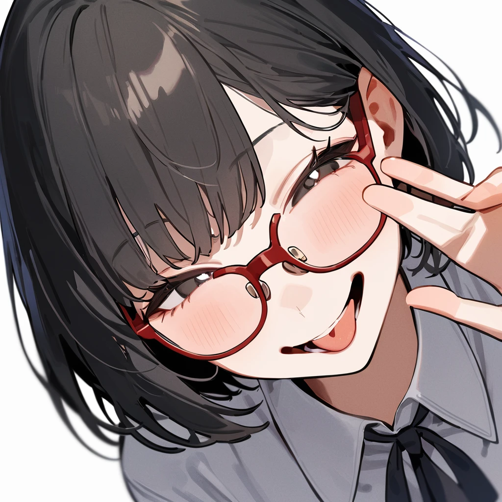 masterpiece, Highest quality, so beautiful, Absurd,
One girl, alone, Black Hair, Bobcut,
Thermont 16A, Glasses,
Collared shirt, Happy, smile, Sticking out tongue、View your viewers, Glassesの調整, White Background, Simple Background,