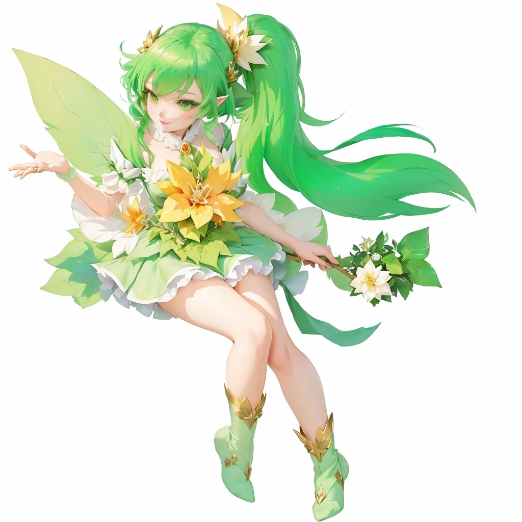 Anime girl with green hair and green wings holding a flower, Elf character, Maple Story Character Art, Official Art, Elf Girl wearing an flower suit, lady powder, 像Fairy一样微笑, Official Artwor末, Elf, Official Character Art, Fairy, Fairyrie, Elf Girl, Elf Art, Fairy