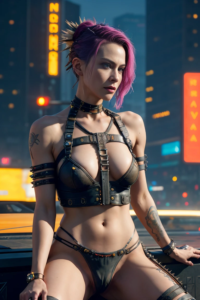 close up, , nude,n legs pose, naked pus fierc beautifun., (Grace Kelly:Gillian Jacobs:0.5), braided spiky punk hairstyle, (wearing a revealing high-detail raider harness from Cyberpunk 2077), armed, High detail face, high detailed leather, seductive expression, perfect body, (perfect proportions), a night city megalopolis cypunk background, high quality, (Masterpiece), (realistic photo), intricately detailed, 8k, HDR, shallow depth of field, wide light, High contrast, backlight, sharp focus, Raw color photo, looking to the camera, vivid colors, In the style of Cyberpunk 2077