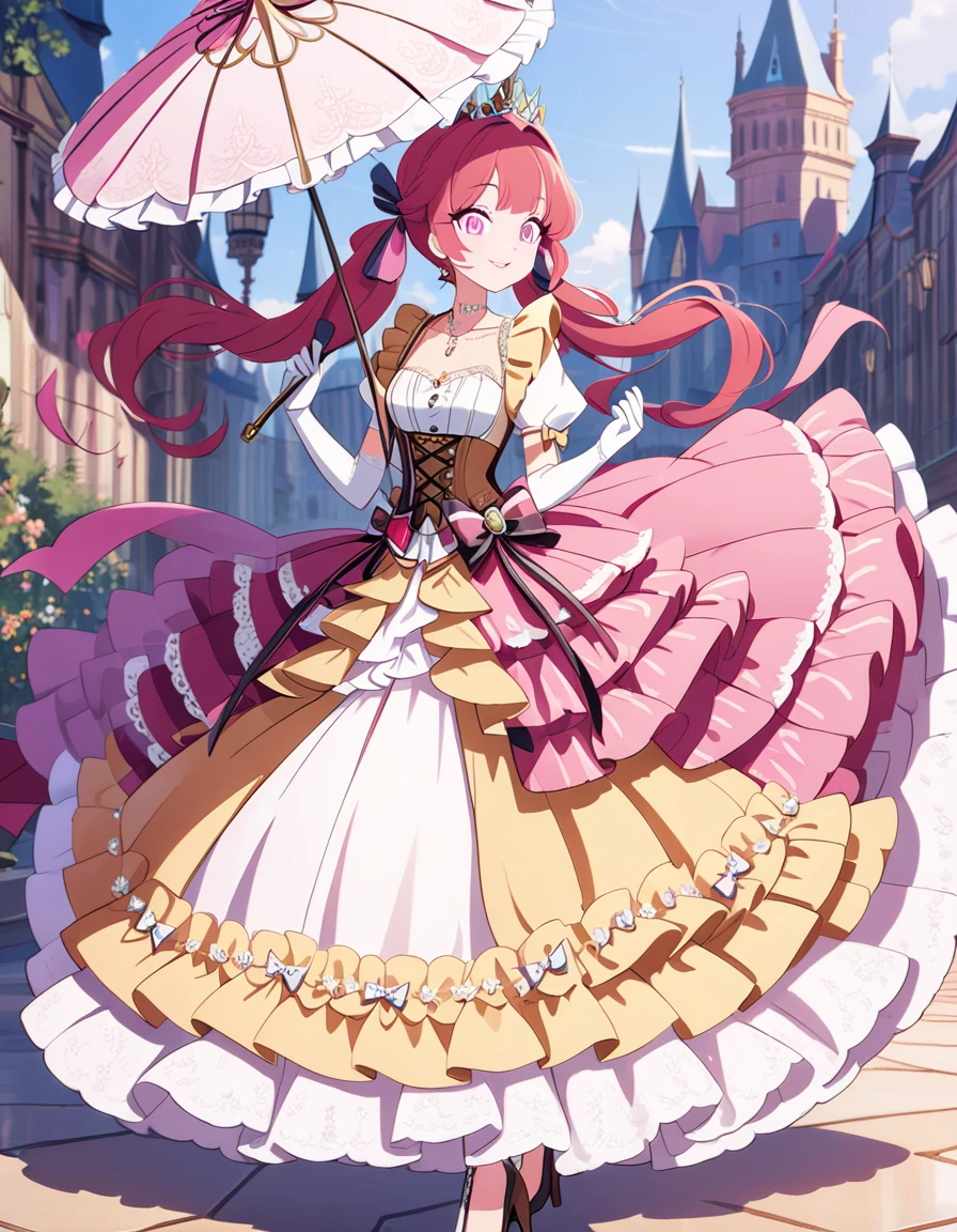 (best quality,4k,8k,highres,masterpiece:1.2),ultra-detailed, steampunk settings, Pretty 15 years old princess, drawn in anime style, she’s cute and joyful, smiling, long red pigtails hair, pink eyes, small breast, lipstick, makeup, pink eyeshadow, long eyelashes, dainty and delicate body, red princess gown with puffy sleeves, physically-based rendering,gorgeous dress design,flowing gown,elaborate lace details,rich textures,contrast stitching,delicate ribbon bows,floral accents,long maxi skirt,short sleeves,fitted waistline,lace-up back,luxurious fabrics,flawless silhouette, petticoat, bustle, corset, hair ribbons, white elbow gloves, ruby earrings and necklace, gold tiara, high heels, holding a lacy umbrella, walking in castle garden, beautiful sunny and cloudy sky. 