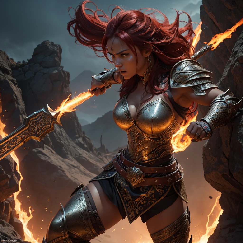 a fierce sexy female warrior in a fantasy setting, intricate armor and weaponry, dramatic lighting, intense action pose, fiery red hair flowing, detailed facial features, muscular physique, desert or volcanic background, cinematic composition, (best quality,4k,8k,highres,masterpiece:1.2),ultra-detailed,(realistic,photorealistic,photo-realistic:1.37),digital painting,concept art,dramatic lighting,vibrant colors,intricate details