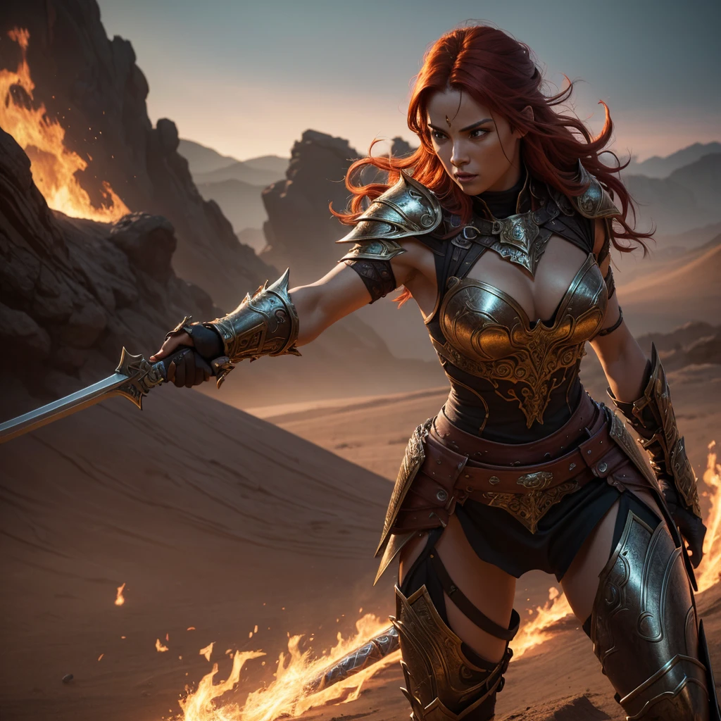 a fierce sexy female warrior in a fantasy setting, intricate armor and weaponry, dramatic lighting, intense action pose, fiery red hair flowing, detailed facial features, muscular physique, desert or volcanic background, cinematic composition, (best quality,4k,8k,highres,masterpiece:1.2),ultra-detailed,(realistic,photorealistic,photo-realistic:1.37),digital painting,concept art,dramatic lighting,vibrant colors,intricate details