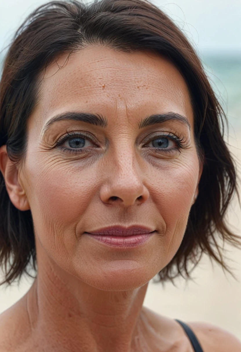 front view shot of two female 48-years-old British tourist interviewed by a woman news reporter. topless in a beach zoomed out whole body and face vacation photo. Photorealistic, 4k. looking at the camera, dslr, ultra quality, sharp focus, tack sharp, dof, film grain, Fujifilm XT3, crystal clear, 8K UHD, highly detailed glossy eyes, high detailed skin, skin pores