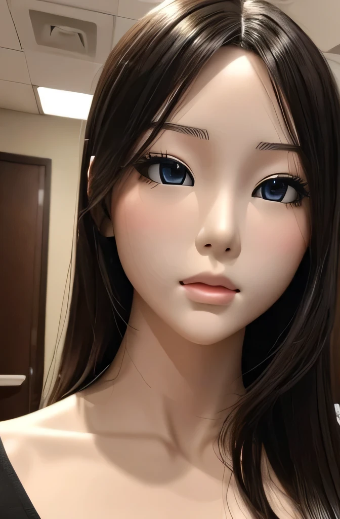 A full-body mannequin deep kissing a computer,mannequin is a high school girl,The mannequin is 165cm tall,Mannequin color'My face is white.,Mannequin color'The body is pure white.,The mannequin has brown hair.( ponytail,bangs),Mannequin color'lips light pink color.,mannequin'Eye color is black,mannequin has a long, Thin face.,mannequin is wearing a coat