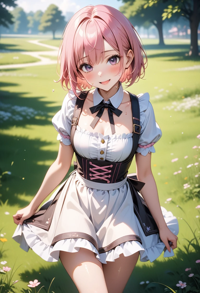 ((dirndl)), Metallic Outfit, skinny, solo, 1 woman, Masterpiece, highest quality, highest quality, 16K, incredibly absurd, highly detailed, 2.5D, ai-generated, delicate and dynamic, very delicate facial expressions, delicate eye depiction, , only sexy wn, ((A cute and kind face)), healthy figure, ((25-year-old woman)), 160cm tall, medium firm swaying bust, (short hair), (pink hair:1.5), bob cut, black eye, blush, Sweat,Embarrassed,sexy, ((t thighs)), (camel toe:0.t nipples:0.7), (y and s)), facing straight at vi, smile, (standing), cowboy shot, ((arm at side)), Large park, daytime, bright, on the grass,