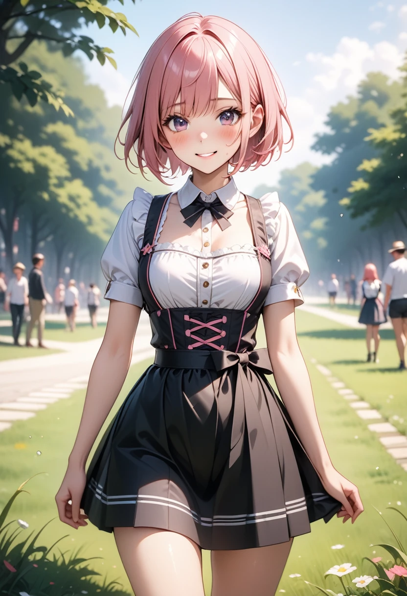 ((dirndl)), Metallic Outfit, skinny, solo, 1 woman, Masterpiece, highest quality, highest quality, 16K, incredibly absurd, highly detailed, 2.5D, ai-generated, delicate and dynamic, very delicate facial expressions, delicate eye depiction, erotic, only sexy woman, ((A cute and kind face)), healthy figure, ((25-year-old woman)), 160cm tall, medium firm swaying bust, (short hair), (pink hair:1.5), bob cut, black eye, blush, Sweat,Embarrassed,sexy, ((thin thighs)), (camel toe:0.8), (Erect nipples:0.7), ((shiny and lustrous)), facing straight at viewer, smile, (standing), cowboy shot, ((arm at side)), Large park, daytime, bright, on the grass,