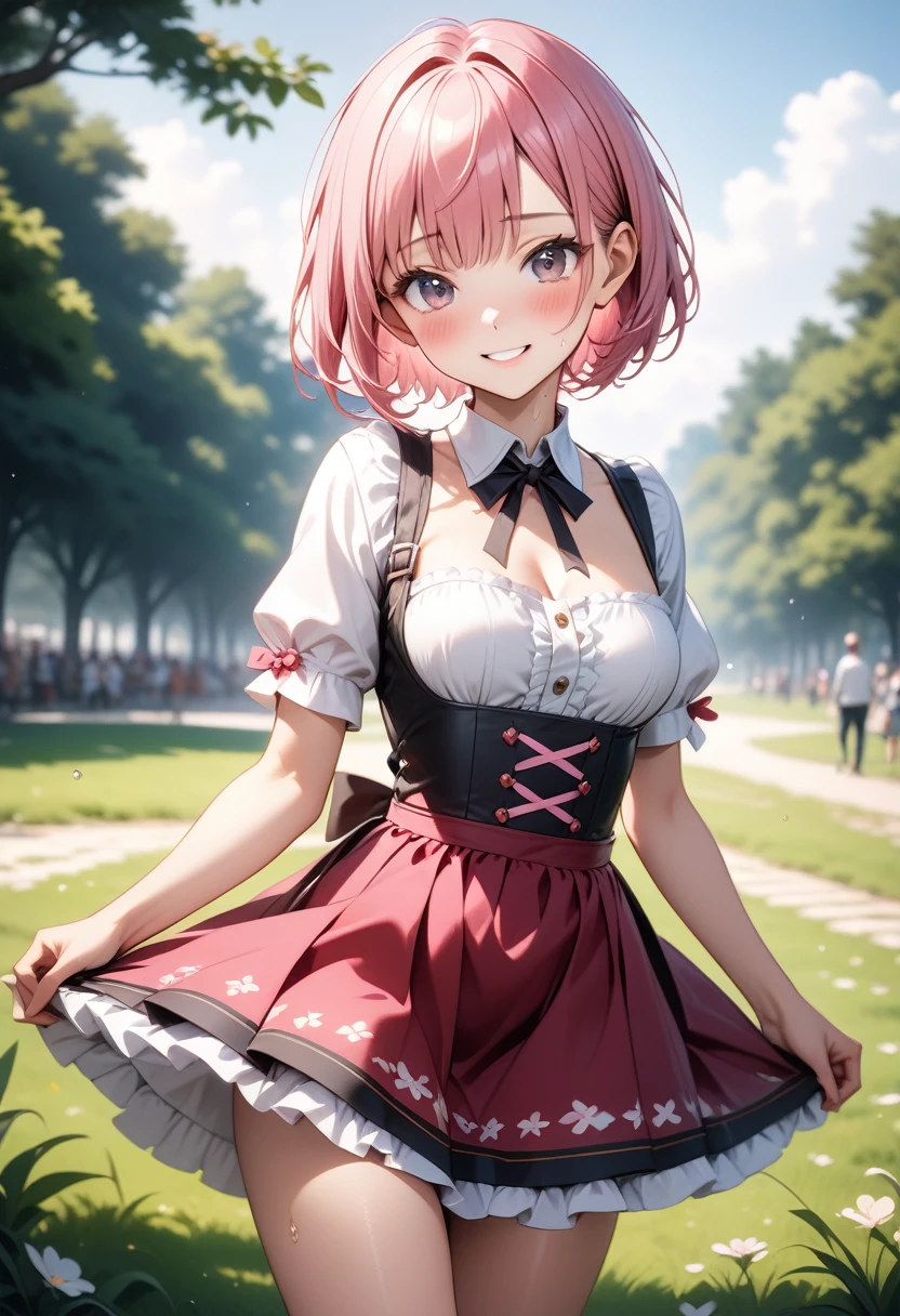 ((dirndl)), Metallic Outfit, skinny, solo, 1 woman, Masterpiece, highest quality, highest quality, 16K, incredibly absurd, highly detailed, 2.5D, ai-generated, delicate and dynamic, very delicate facial expressions, delicate eye depiction, erotic, only sexy woman, ((A cute and kind face)), healthy figure, ((25-year-old woman)), 160cm tall, medium firm swaying bust, (short hair), (pink hair:1.5), bob cut, black eye, blush, Sweat,Embarrassed,sexy, ((thin thighs)), (camel toe:0.8), (Erect nipples:0.7), ((shiny and lustrous)), facing straight at viewer, smile, (standing), cowboy shot, ((arm at side)), Large park, daytime, bright, on the grass,