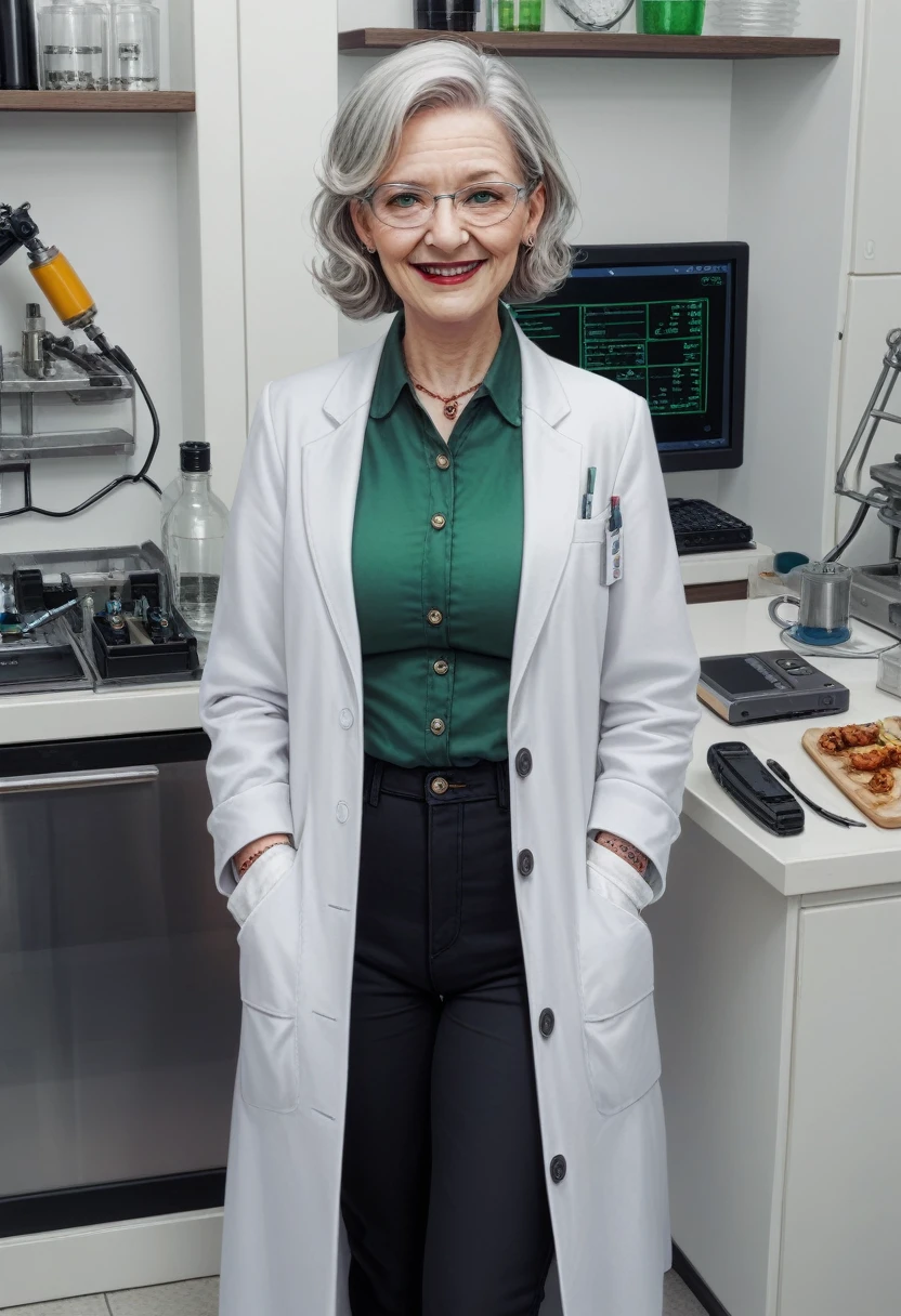 hyperrealistic art cinematic film still lower angle photography in the style of detailed hyperrealism photoshoot . (widehips) Extremely high-resolution details, photographic, realism pushed to extreme, fine texture, incredibly, elderly frail wrinkle woman, short gray hair, (lab coat with green blouse and black pants), in dark laboratory, holding  a science beaker with a coy smile
