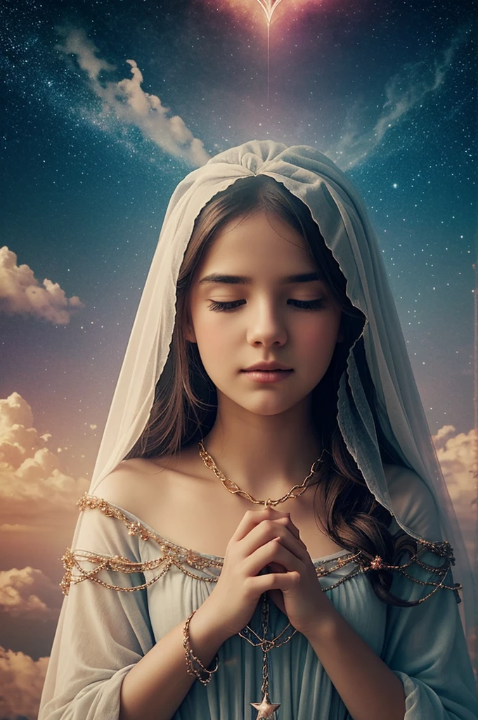 Create a surreal scene with ethereal faces appearing as roses and clouds. Include a mystical shroud around a crowd, twinkling stars that drift away, and a warm, inviting atmosphere that feels like home. Add letters binding hearts with chains and guiding towards a brighter future. Use a dreamy, poetic style with soft lighting and gentle colors.
