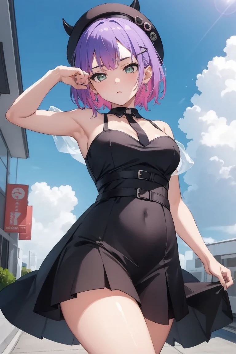 (Day:1.7), Sky Background,Blue sky and clouds,
Upright immobile posture,Underarm,Raise your arms,
Black Wedding Dress,Black Bridal Veil,Off the shoulder,
Bitowa, short hair, Black Hat, beret, False horns, hair ornaments, Earrings, Devil&#39;s Tail, 
1 Girl, 20-year-old,young woman,beautiful Finger,beautiful long legs,beautiful body,beautiful Nose,beautiful character design, perfect eye, perfect face,
View your viewers, (Innocent_big_eye:1.0),(Expressionless:1.3),
Browsing Caution,Official Art,非常に詳細な CG ユニティ 8K 壁紙, Perfect lighting,colorful, bright_front_face_Lighting,
(masterpiece:1.0),(Highest_quality:1.0), 超High resolution,4K,Super detailed,
photograph, 8K, High resolution, High resolution, Absurd:1.2, 400 for Kodak Port, Film Grain, Blurred Background, Bokeh:1.2, Lens flare, (Vibrant_color:1.2)
(beautiful,Moderate_chest:1.4), (beautiful_face:1.5),(narrow_Waist),(Perfect hands, Perfect Anatomy),