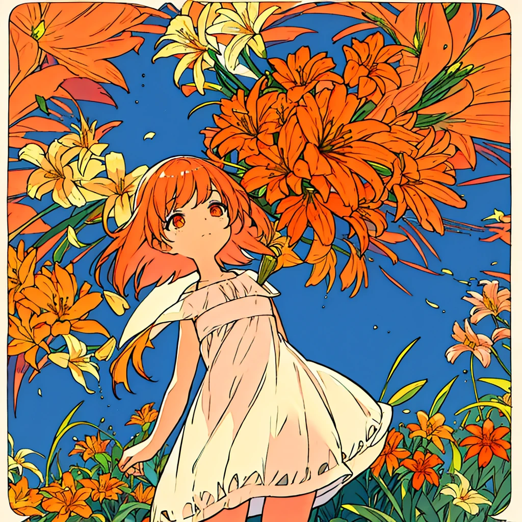 Orange plain background Lily flower Girl in white dress Summer Nostalgic Simple